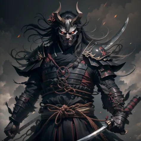 （They are samurai），（Wearing a demon mask），Solo，Upper body ，（long armament, sharp knife），magnificent artwork，（（Kyoto panel painting style）），Wind-effect：1.9，Cloud Effect：1.2，Full Rendering，Caustic soda coating, dark night