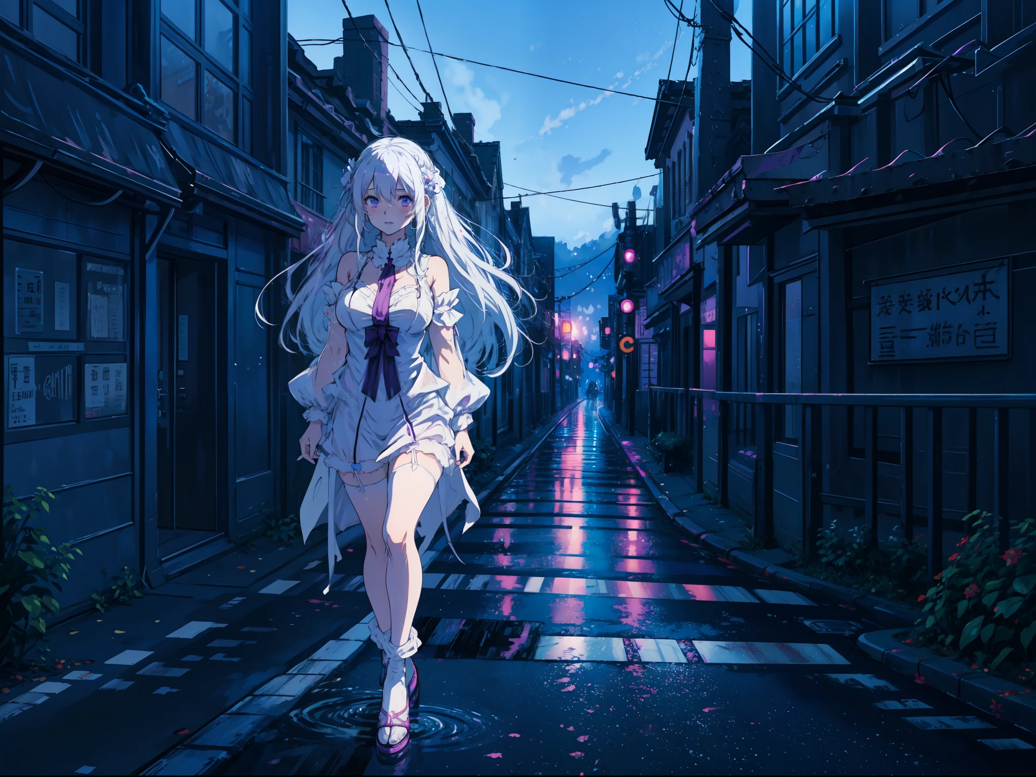 (Estilo de arte anime), Emilia de Re Zero,longos cabelos brancos olhos roxos, rubor, vestindo lingerie, andando na rua da cidade à noite, rua molhada,cores vibrantes, expressão alegre, rubor, pose dinâmica.