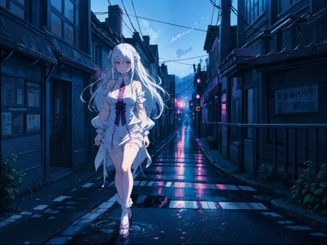 (ANIME ART STYLE), Emilia from re zero,long white hair purple eyes, blushing, wearing lingerie, walking on the night city street...