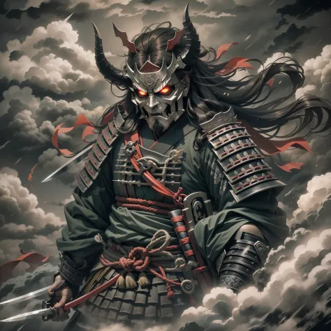 （They are samurai），（Wearing a demon mask），Solo，Upper body ，（long armament, sharp knife），magnificent artwork，（（Kyoto panel painting style）），Wind-effect：1.9，Cloud Effect：1.2，Full Rendering，Caustic soda coating, a dark night
