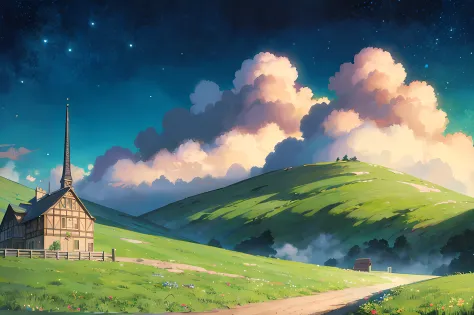 in the style moving castle, scenery, ((night)), town