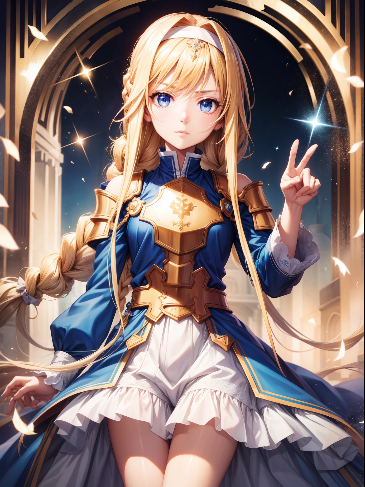 Arisburg, Alice Zusberg, [[Golden sword:1.20]]、blue eyes, Blonde hair, hair between eye, Very long hair, braid, shairband, white hairband,Break Dresses, cape, armor, Blue Dress, Shoulder Armor, High resolution, Unity 8k Wallpaper, (Illustration:0.8), (Beautiful detailed eyes:1.16), extra detailed face、Dress correctly, Beautiful Finger、 charming figure,super precision、[[3D Images]]、[[High quality anime girl with brown hair and brown eyes]]