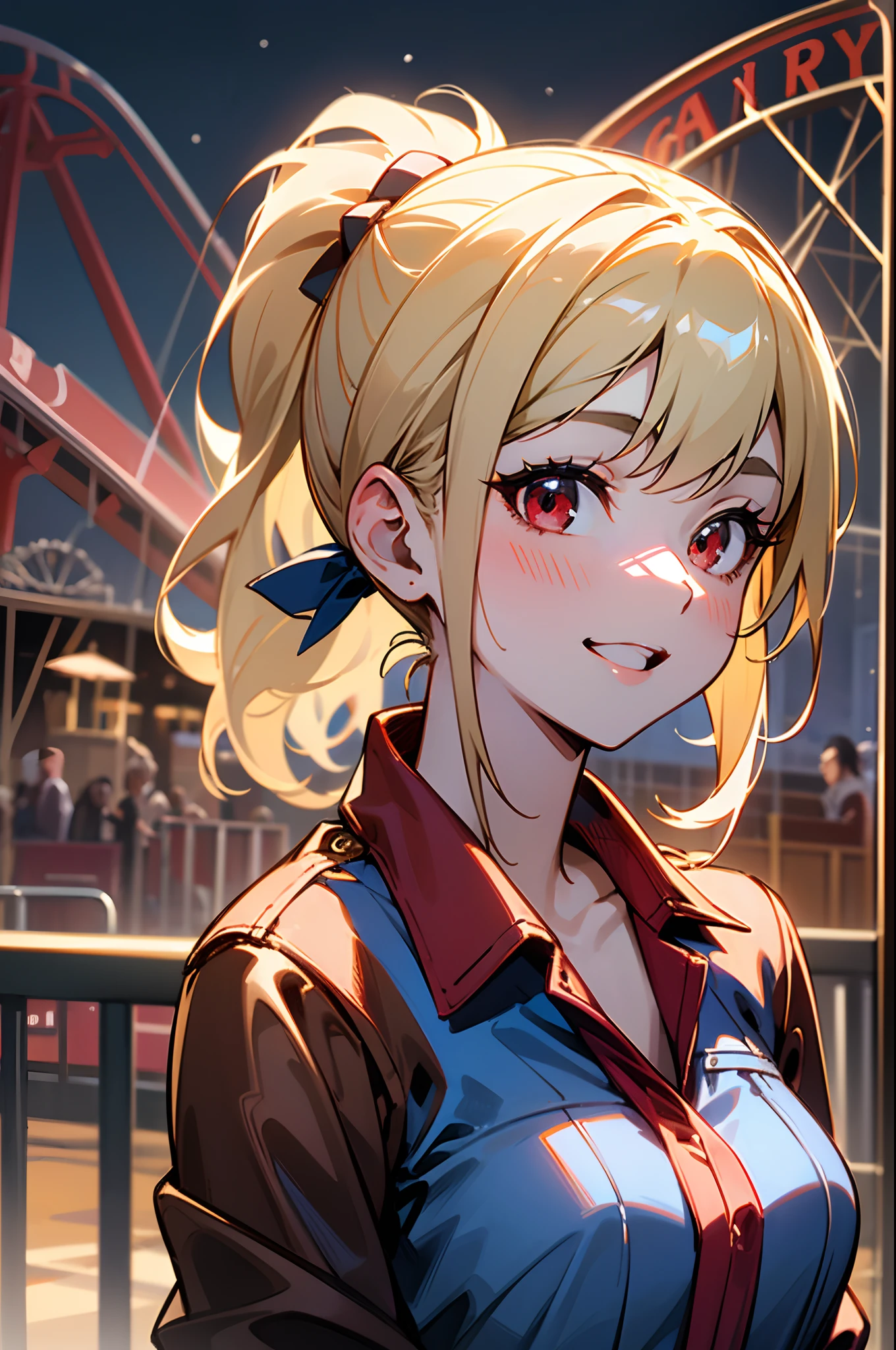 Beautuful Women、 Young handsome girl, small tits, Blonde Hair Ponytail、Red Eyes:1.2, Sexy Girl, professional attire:1.3, 18 years old: 1.1, Detailed Red Riders Jacket:1.2、Blue collar shirt, Skinny denim pants:1.2, Leather boots, Beautiful detailed skin, Cute:1.2, drooping eyes:1.2, Straight teeth,Smile, Floating hair, Gray background, Solo Focus, (bustshot:1.2), Cinematic Light, (Nostalgic night view:1.4), (amusement park:1.4), (merry-go-round、the Ferris wheel、rollercoaster),Looking at Viewer:1.2