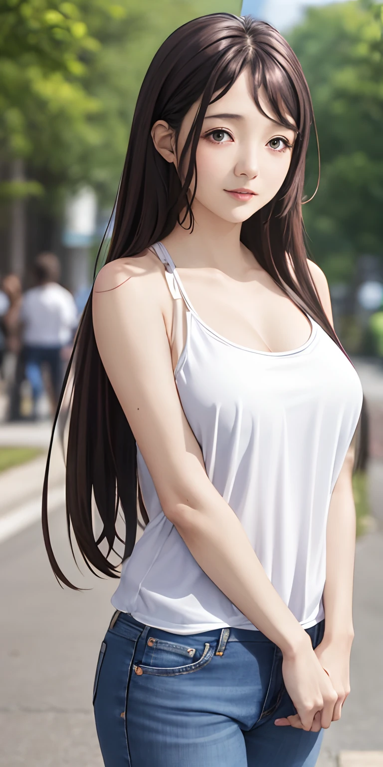 Kaori brown long, brown hair, beautiful face, smile ,blush,blue sky, on the street, casual dress, jeans ,bare shoulder,bare belly,huge breast, cleavage,extremely detailed wallpaper, perfect lighting, sunlight,(8k, RAW photo, best quality, masterpiece: 1.2), (realistic, realistic: 1.37), ultra-high resolution