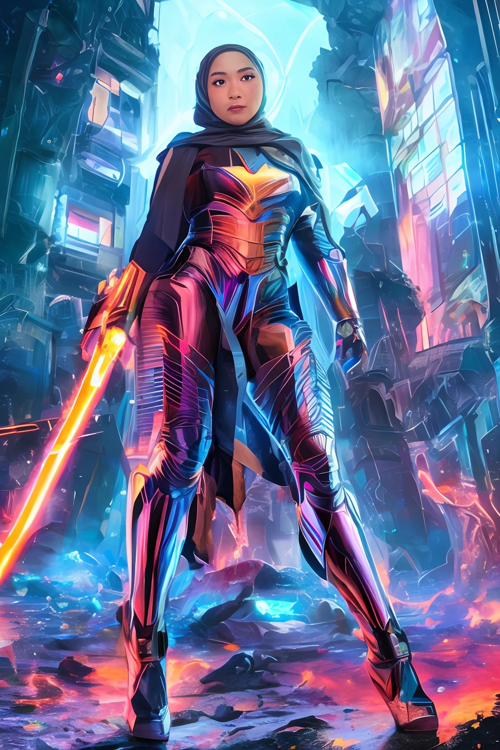 Malay girl in hijab, holographic, detailed, masterpiece, best quality, mecha, no humans, black armor, blue eyes, science fiction, fire, laser canon beam, war, conflict, destroyed city background