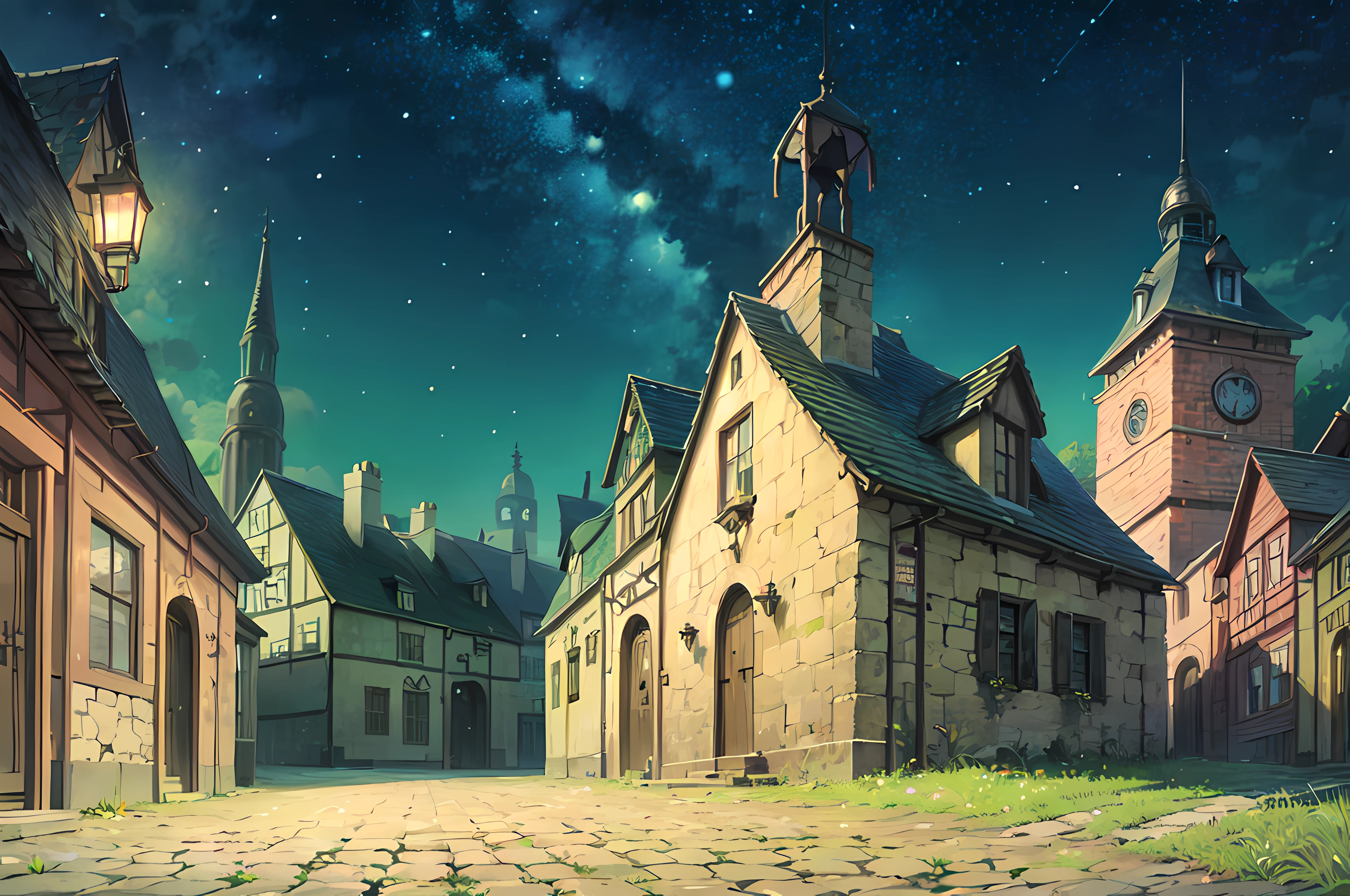 in the style moving castle, scenery, ((night)), town