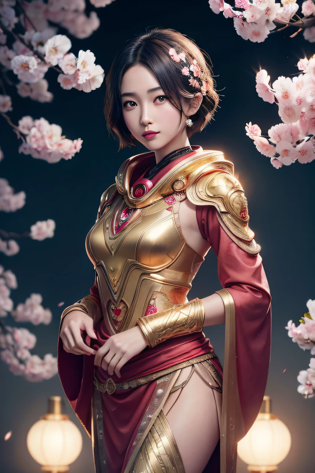 belle jeune femme japonaise, portant une combinaison de protection en or, traits symétriques épais, cheveux très courts, le fond est des fleurs de cerisier, aura rose, lèvres rouges, rendu d&#39;octane,