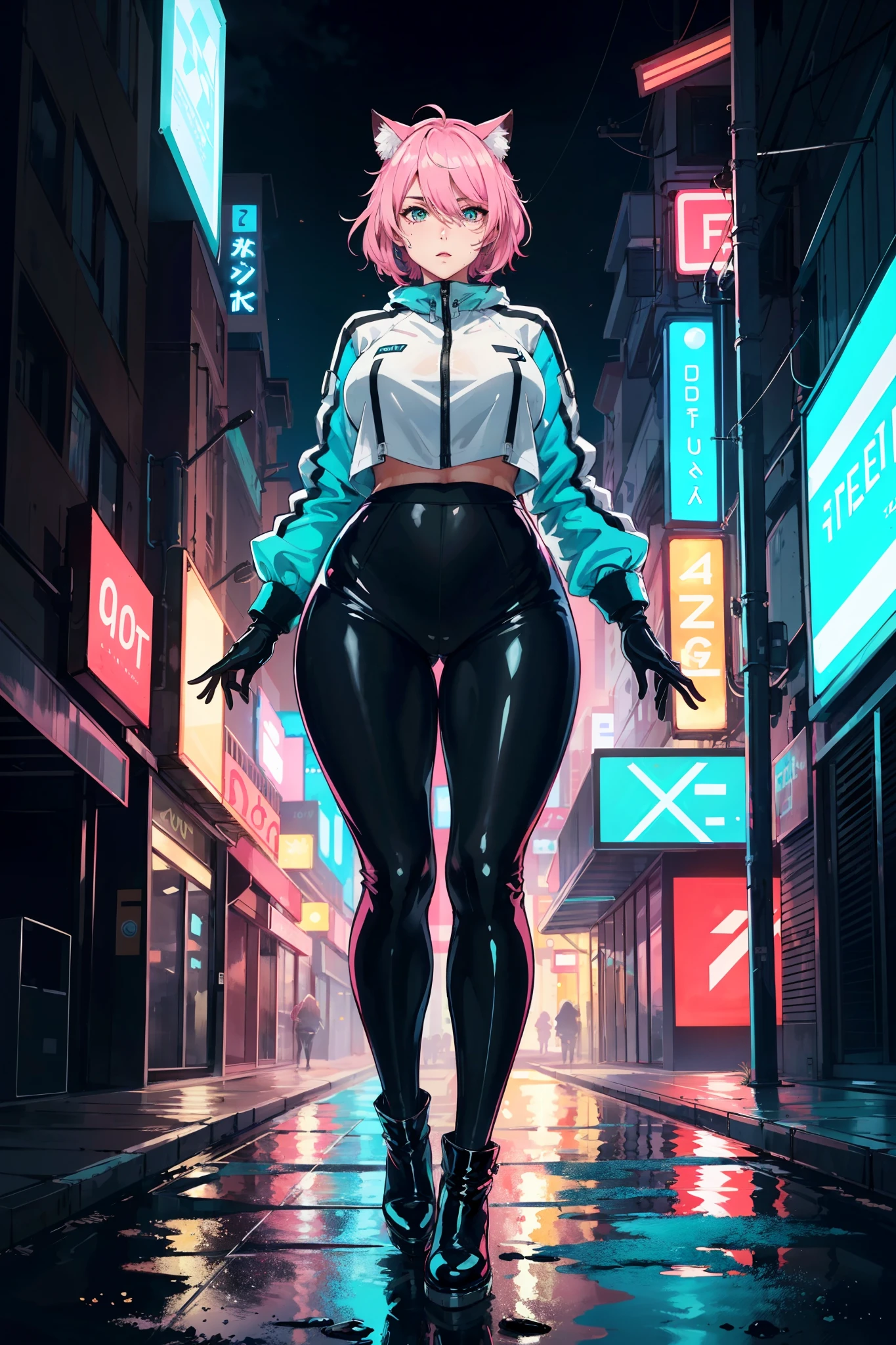 ((mature adult tall woman, mature_face)), (glowing aqua eyes), cat ears, narrow waist, gradient (pink hair), large breasts, large areolae, (oily skin) ,              


thick thighs, thicc, (((tight latex leggings))),

short high cut pink hair, hair between eyes, side-locks, high waist g string thong, Breasts roll-up, short black wet reflective crop-top jacket, tight black high heel boots, cyberpunk, blade runner, night, midnight, wet reflective ground, illuminated glowing pool, multiple vibrant softly glowing neon lights everywhere, immensely large and wide glass windows, city-scape, crushed shadows, high definition, hyper-detailed, official art, dramatic epic majestic cinematic lighting, caucasian 20 year old female