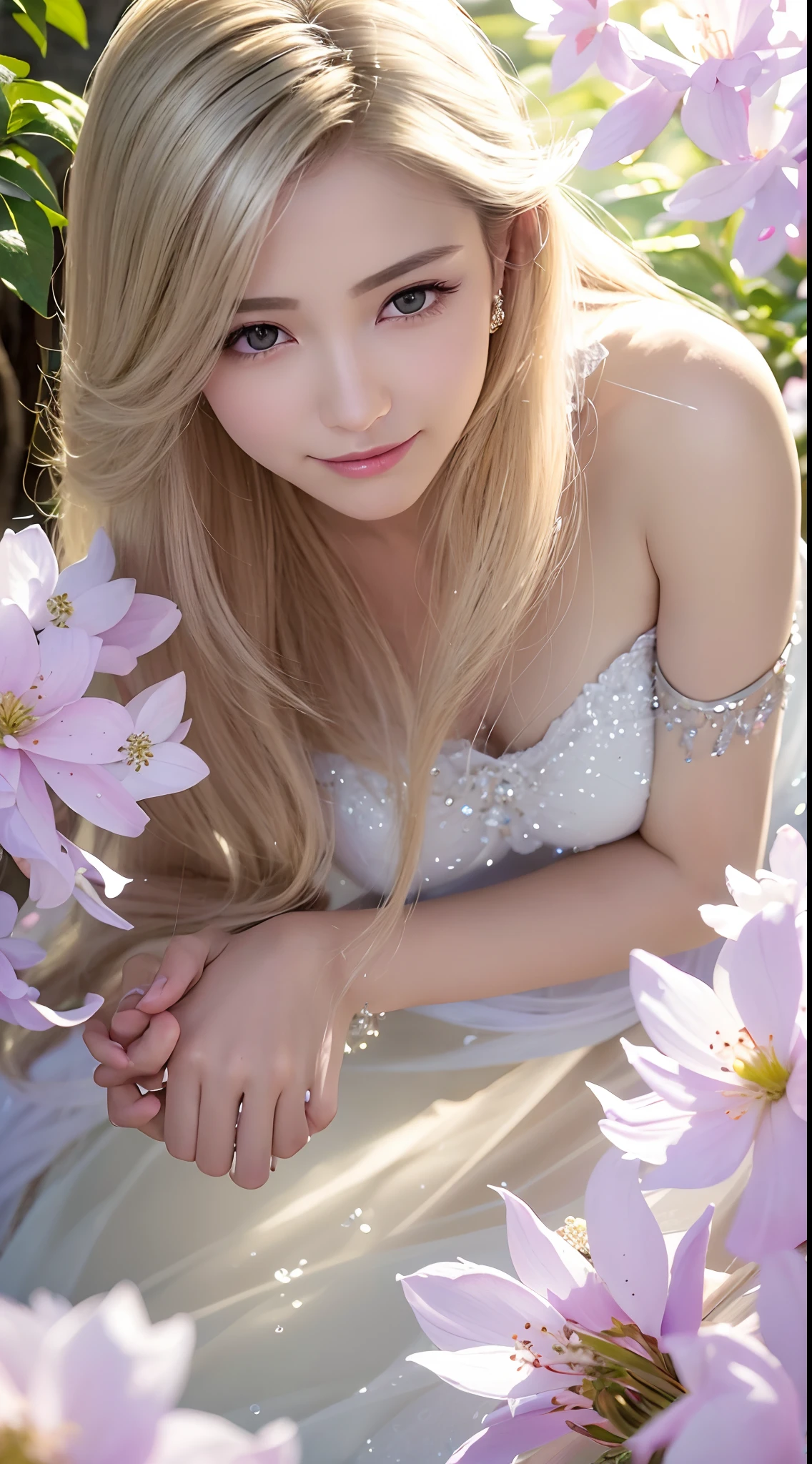 (Best quality,4K,A high resolution,Ultra-detailed,Realistic:1.37),Vivid colors,Sunlight,llight rays,bergamot,white blossoms,Beautiful girl,Exquisite features,Flowing hair,Serene expression,Garden setting,Elaborate dress,Soft sunlight,Gentle breeze,Cheerful ambiance,Backlit scene,a hint of smile,ethereal glowing,Fresh in the morning,Long shadows,harmony of nature,subtle reflections,Natural beauty,Twinkling dewdrops,Clear detail,serenity and calm,Sublime ingredients,Arrive at the branch,whispering leaves,Aromatherapy petals,with light glowing,Sparkling highlights,Subtle shadows,Soft focus,Sublime beauty,Whisper natural,Fantastical Atmosphere,Illuminated background.