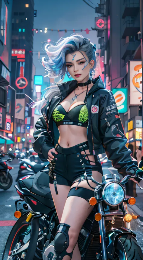 Masterpiece, Best quality, Confident cyberpunk girl, Full body shot, ((Stand in front of the motorcycle)), Popular costumes in Harajuku style, Bold colors and patterns, Eye-catching accessories, Trendy and innovative hairstyle, Vibrant makeup, Cyberpunk's ...