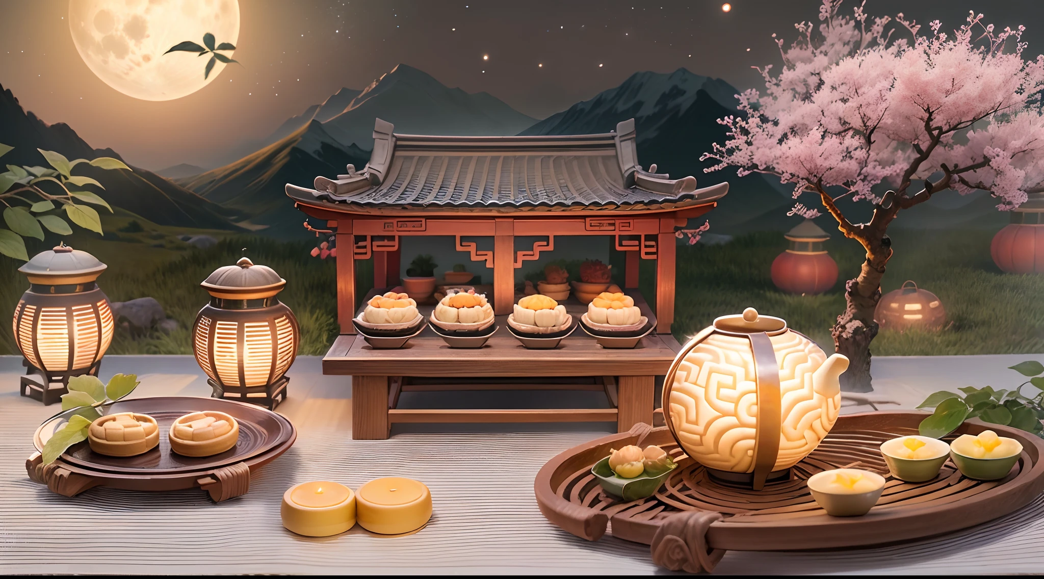 (Best quality,4K,8K,A high resolution,Masterpiece:1.2),Ultra-detailed,(Realistic,Photorealistic,photo-realistic:1.37),Have a picnic in the moonlight,Outdoor night view,Fun family gathering,Bonding moments,Delicious mooncakes,(Bright full moon),Caring family members,Playful lanterns,Enjoy the cool night breeze,laughter and joy,Traditional Chinese pottery and porcelain,Decorate mooncake boxes,Warm tones,Soft lighting,Chinese knot,Beautifully decorated garden,(moon full),Tang dynasty costumes,Majestic mountains in the background,Willow trees sway in the wind,Traditional tea ceremony,Delicate floral decoration,Create a festive atmosphere.