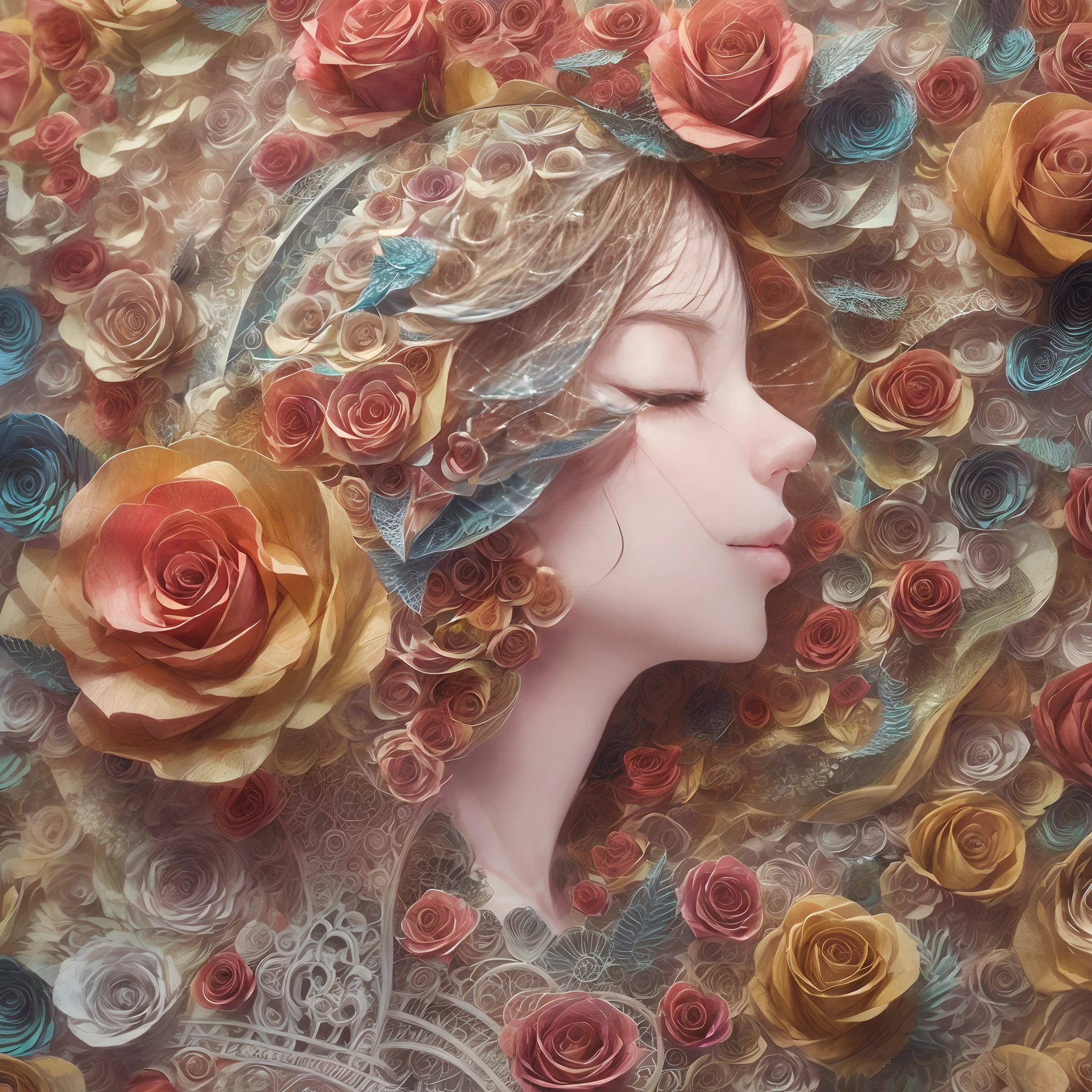 ((1girl in)),(Illustration:1.3),paper art, Zentangle，3D Rendering，spring，(beauty side face,Close eyes:1.3)，(roses:1.2), Colorful, Best Quality, Detailed details, masutepiece, offcial art, cinematic lighting effect, 4K,