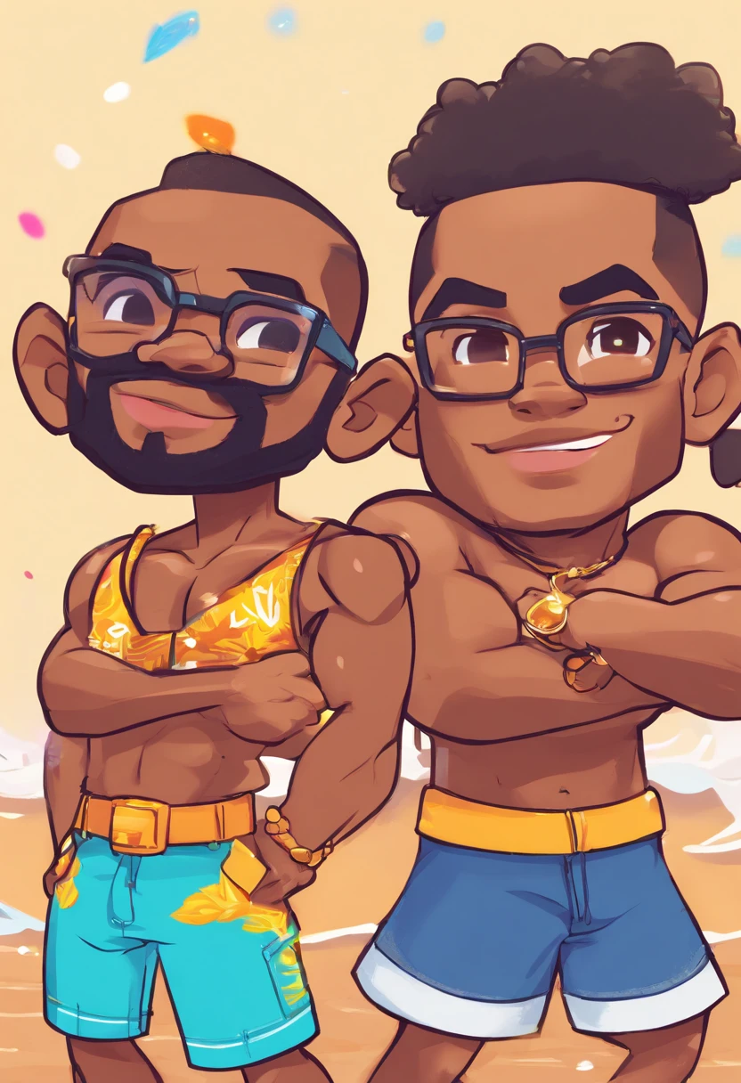 Two black men in swim trunks and sunglasses standing on the beach - SeaArt  AI