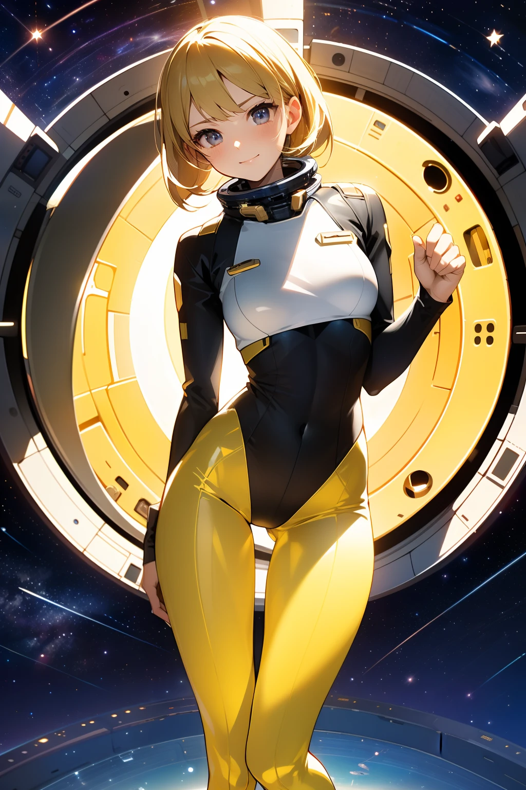 (masterpiece, best quality:1.2), (cowboy shot:1.1), solo, 1girl, mori yuki, slight smile, closed mouth, looking at viewer, blonde hair, thigh gap, yellow bodysuit, skin-tight, perfect body, belt, large window, (starship porthole:1.3), from front, (spread legs:1.3), (standing:1.1), thigh gap, perfect hands, bright starship interior, (outer space view:1.1), (orbital view:1.3), (night, stary sky:1.5), milky way