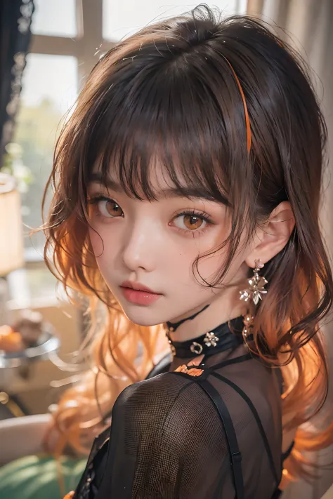 (upper Shot)、(From  above)、1girl in、in her 20s、((Medium Hair))、(((Black hair, Orange dip dyed hair)))、((bangss))、(Photoreal Stick:1.2)、in 8K、(High quality shadows)、(A charming expression)、Detail Beautiful delicate face、Detail Beautiful delicate eyes、Cute K...