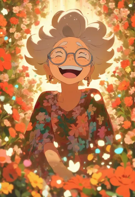 Grandmother with small eyes in the shadow of glasses，Laugh happily，The back is surrounded by many flowers