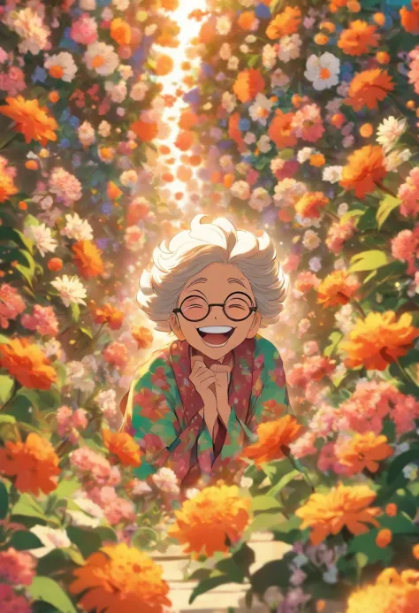 Grandmother with small eyes in the shadow of glasses，Laugh happily，The back is surrounded by many flowers