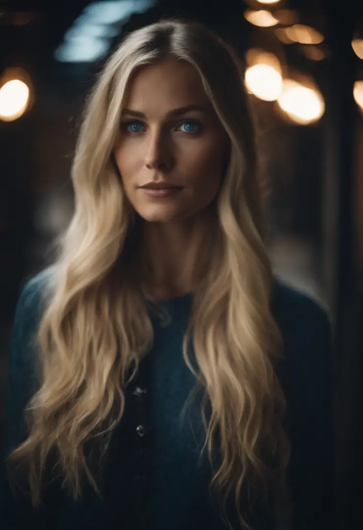 Portrait of a blonde woman with blue eyes with long hair and tall slim