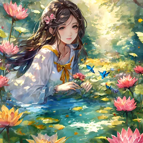 Masterpiece, 1girl,, beautiful and delicate face, age:21, long hair, medium chest, hair flower, water on the skin, shyness, butt...