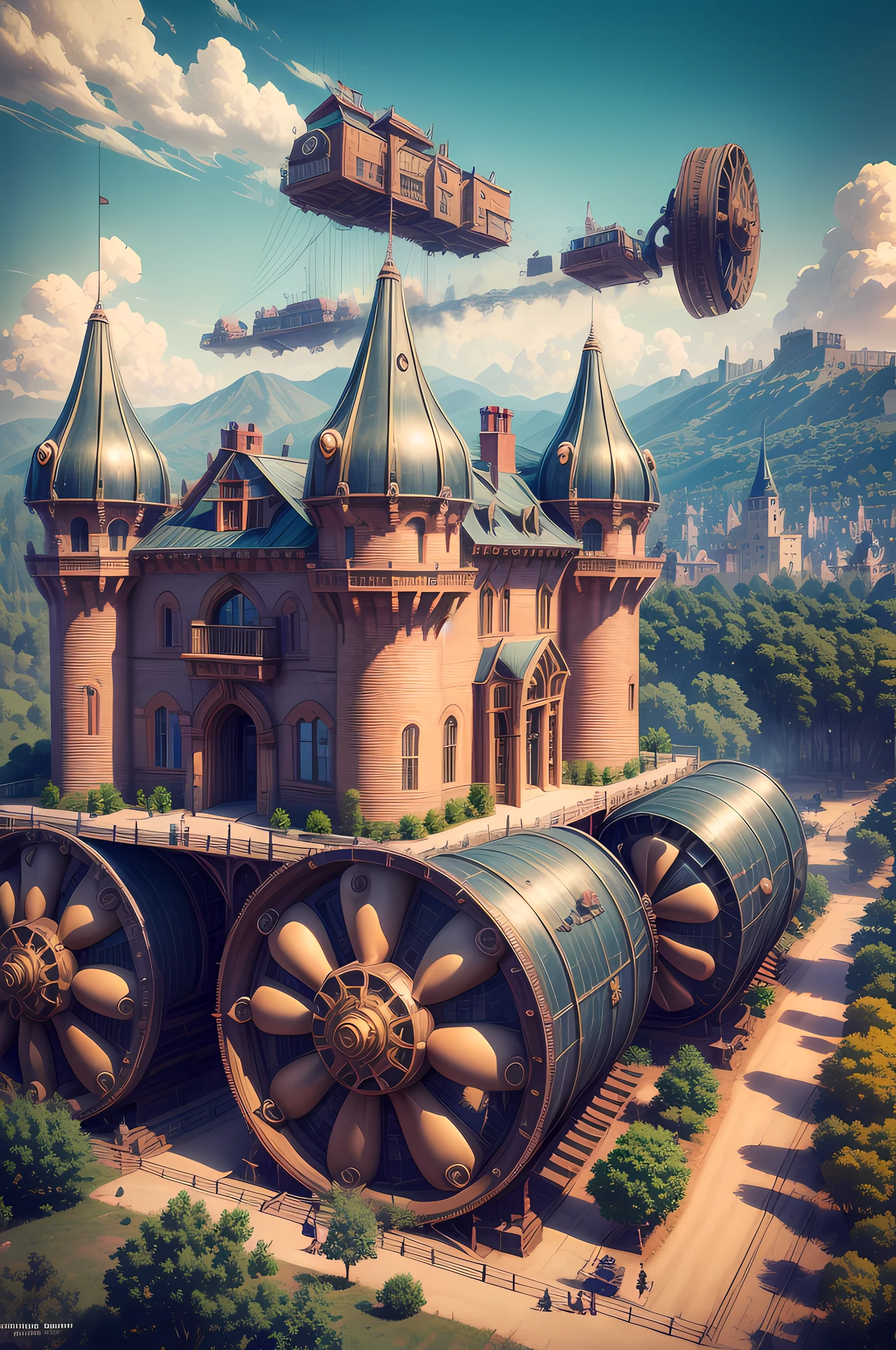 a long shot picture of a steampunk castle moving on wheeled motorized platform rolling hills, s steampunk castle with (turrets: 1.1), (towers:1.1), (bridges:1.2), (barbican:1.1), canons on the walls, a blimp flying by, green rolling hills background, wheeled platform, (castle on the platform:1.3) huge epic platform with many wheels carrying the castle, Photorealistic, 16k, RAW, award winning, [ultra detailed], masterpiece, best quality, (ultra detailed), full body, ultra wide shot,