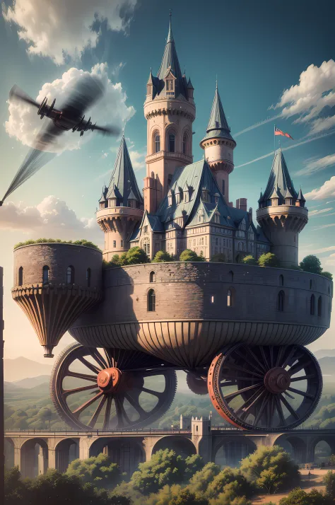 a long shot picture of a steampunk castle moving on wheeled motorized platform rolling hills, s steampunk castle with (turrets: ...