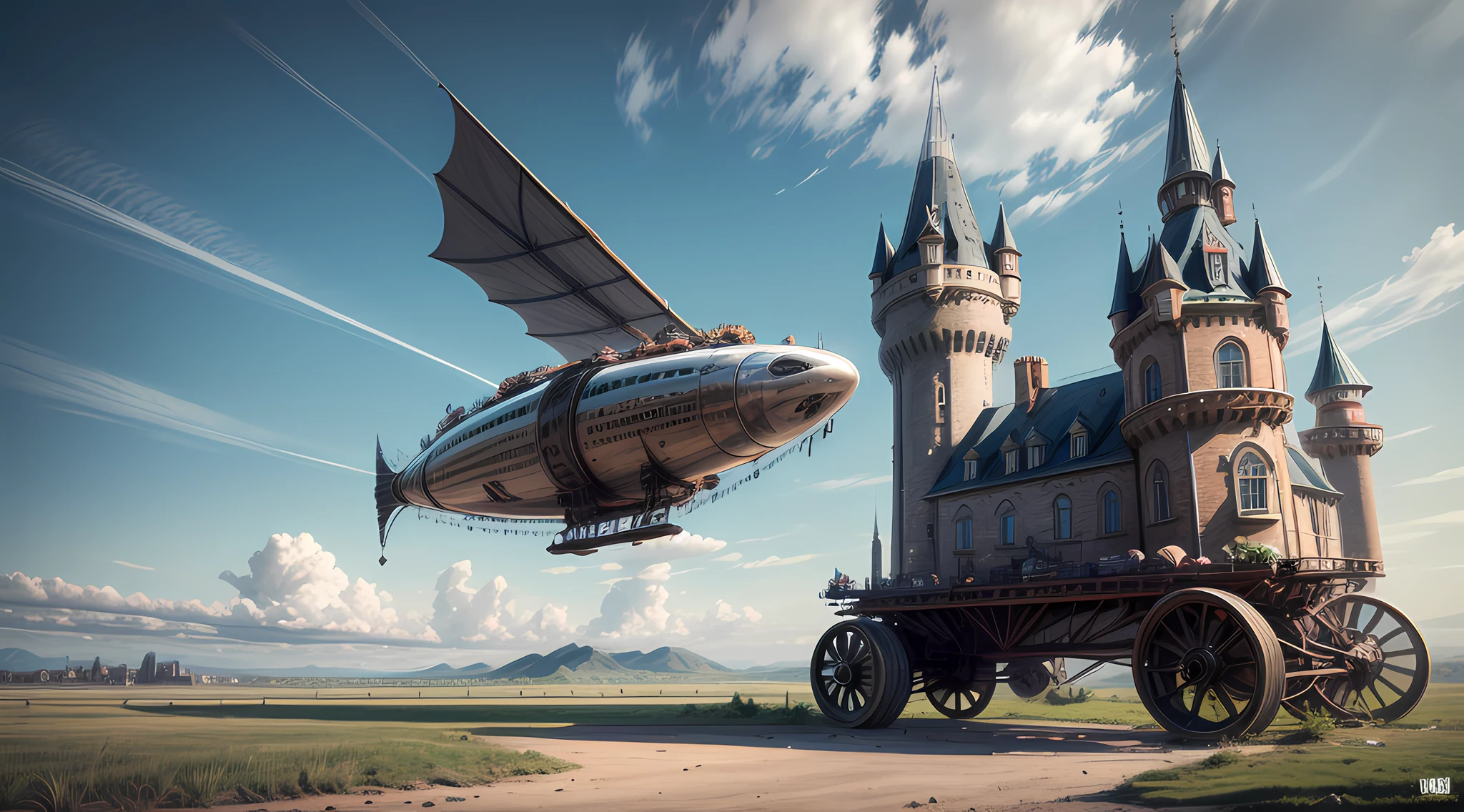 une photo longue d&#39;un château steampunk se déplaçant sur des collines ondulantes de plate-forme motorisée à roues, le château steampunk avec (tourelles: 1.1), (tours:1.1), (des ponts:1.2), (barbacane:1.1), canons sur les murs, un dirigeable qui passe, fond de collines vertes, plate-forme à roues, (château sur la plate-forme:1.3) immense plate-forme épique avec de nombreuses roues transportant le château, Photoréaliste, 16k, BRUT, primé, [ultra détaillé], chef-d&#39;œuvre, Meilleure qualité, (ultra détaillé), tout le corps, plan ultra large,