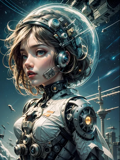 tmasterpiece，1 monk warrior girl with white tech suit clothes，White long hair，laces，abstract vintage scifi background，art by Moebius，Ashley Wood's art，dynamicposes，Wandering Earth，Space Starry Sky，Futuristic architecture, arquitectura premiada, skyscraper ...