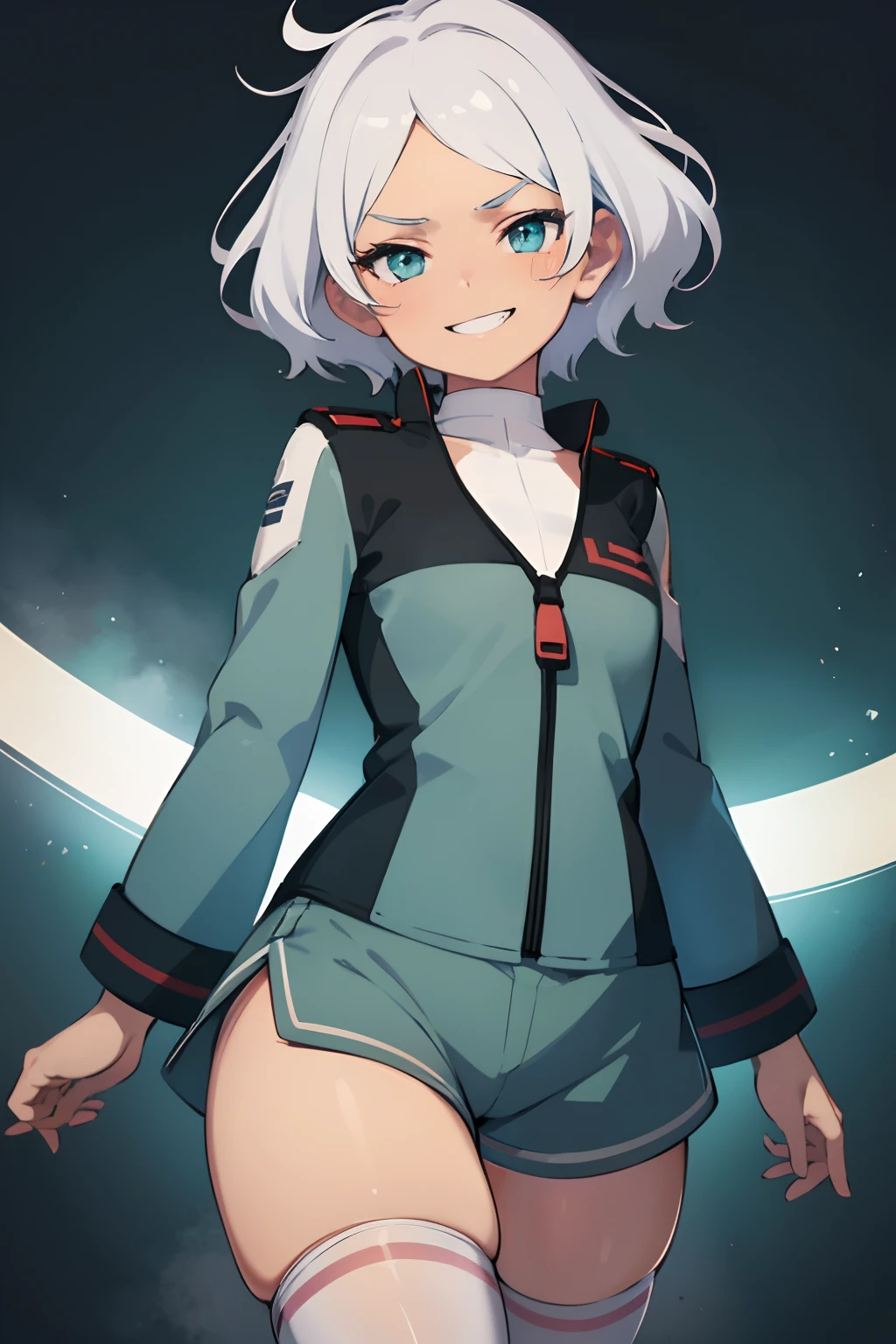 (ultra-quality, high resolution), upper body, cute girl, loli, white hair, grinning, ridicule, soft lighting, Secelia Dote,short hair,SeceliaUniform, asticassia school uniform, partially unzipped, green shorts, white thighhighs