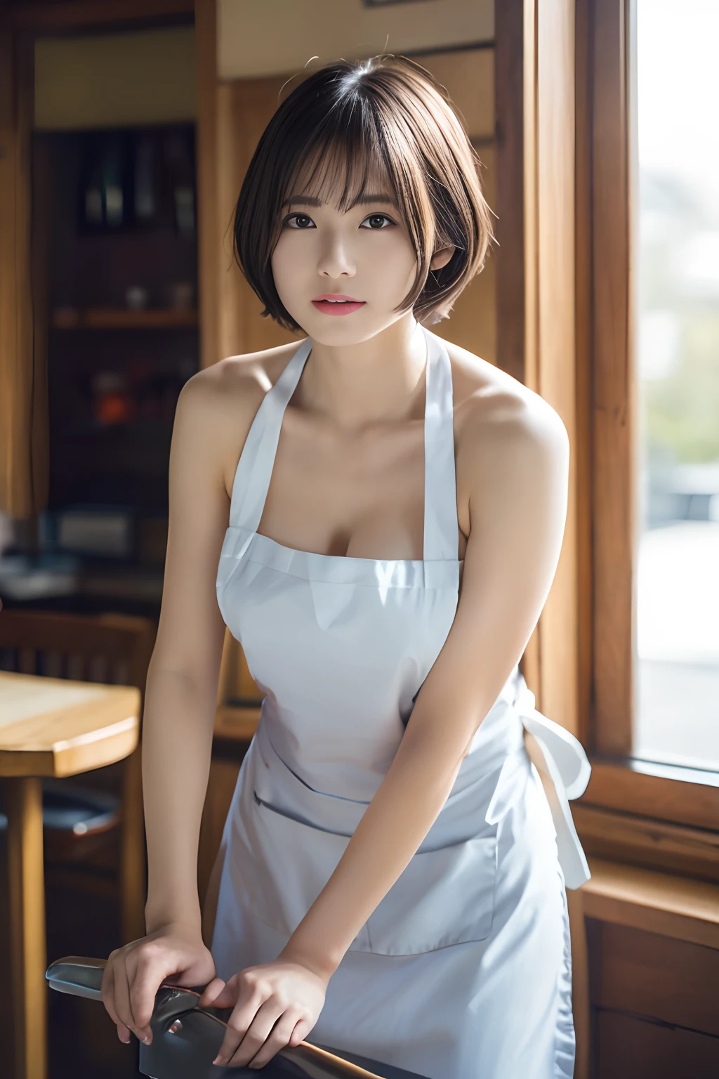 ((top quality, 8k, masterpiece: 1.3)), 1 beautiful Japan girls, beauties with slender abs: 1.3, (medium short hair, big: 1.2), (white naked apron: 1.3), ultra-detailed face, detailed eyes, double eyelids, café background, leaning forward, hands on knees,