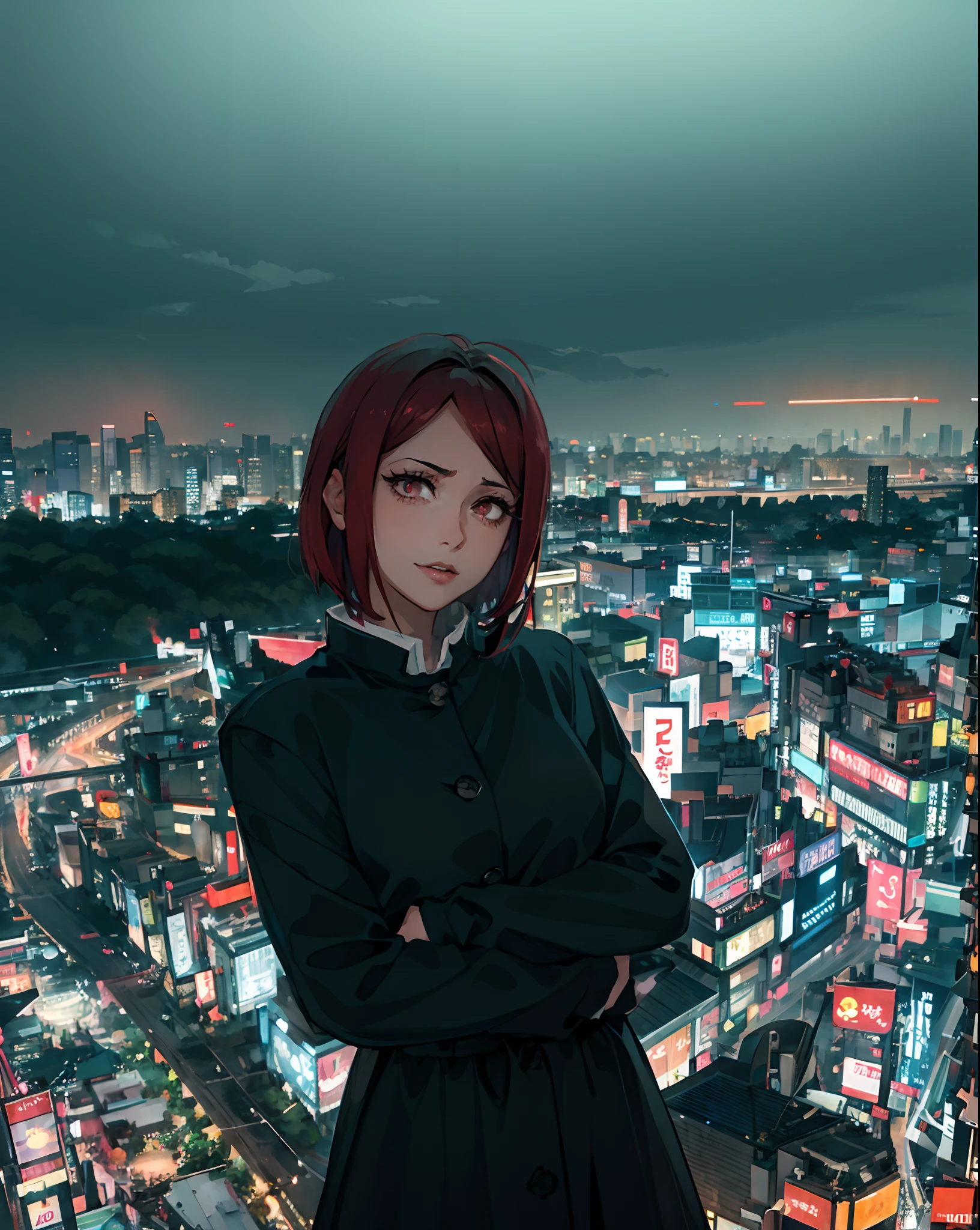 mulher arafada em pé no topo de um prédio alto com uma cidade ao fundo, no telhado da noite de Tóquio, no telhado da noite cyberpunk de Tóquio, no futuro telhado noturno de Tóquio, com cabelo curto, ambientado no telhado de Tóquio, garota de anime na vida real, Tóquio ao fundo, em Tóquio à noite, em neo Tóquio, inspirado em Ayami Kojima, em Neotóquio