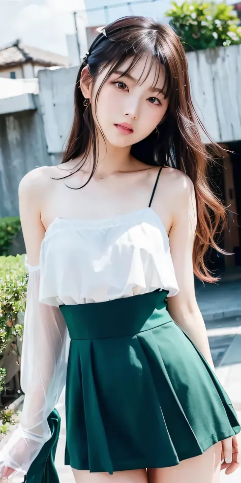 Full face portrait photo of 18 year old European girl、raw、natta、Beautuful Women、Semi-open strawberry lip、Dimples、A wistful look、(Extra long wavy brown hair)、((A detailed face))、((detailed facial features))、(Fine detailed skin)、pale-skinned、looking at the v...