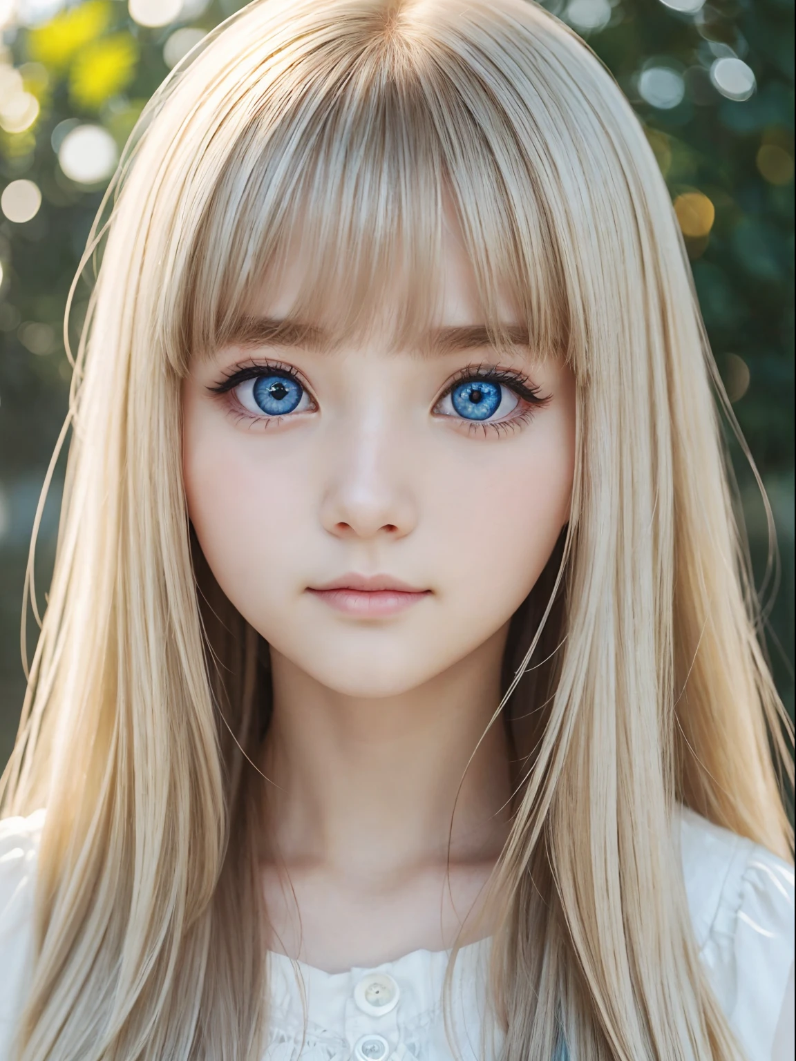 Extremely beautiful face、long bangs fluttering in front of the face、Beautiful pale light blue eyes hidden in the hair、Very cute beautiful face with very shiny skin、Pure white beautiful skin、very beautiful pale light blue eyes,,,,,,、Beautiful very long straight silky golden shine dazzling bright blonde soft hair、Cute  very beautiful woman、Round face、Very adorable little face、bright expression、Big eyes with clear double eyelids、eye liner、