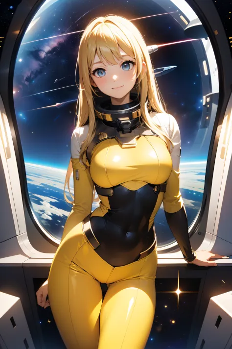 (masterpiece, best quality:1.2), (cowboy shot:1.1), solo, 1girl, mori yuki, slight smile, closed mouth, looking at viewer, blonde hair, thigh gap, yellow bodysuit, skin-tight, perfect body, belt, long blonde hair, large window, (starship porthole:1.3), fro...
