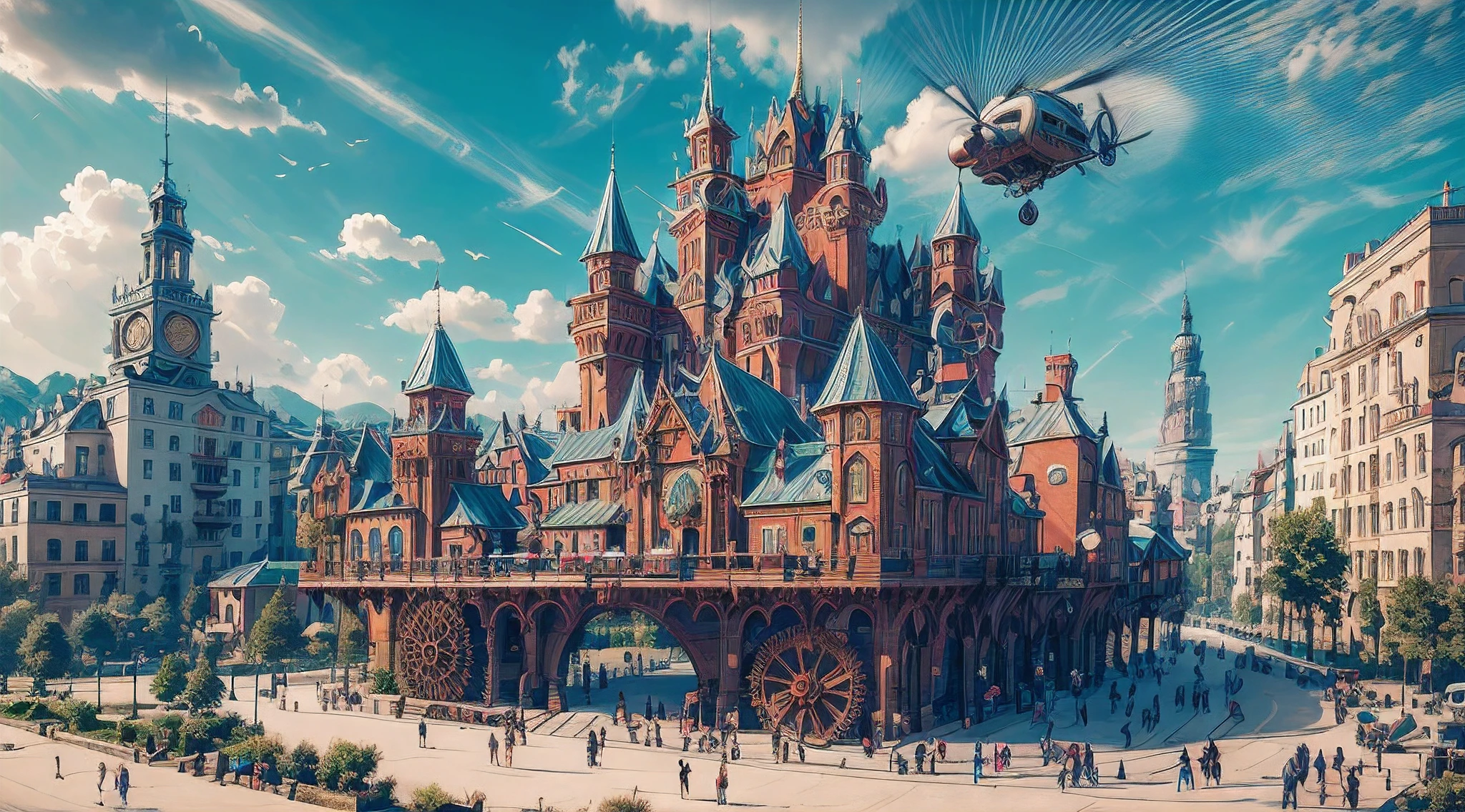 Une image longue d’un château steampunk qui se déplace (plate-forme motorisée à roues:1.3) collines, le château steampunk avec (tourelles: 1.1), (tours:1.1), (des ponts:1.2), (barbacane:1.1), canons sur les murs, un dirigeable qui passe, green collines background, plate-forme à roues, (château sur la plate-forme:1.3) immense plate-forme épique avec de nombreuses roues transportant le château, Photoréaliste, 16k, BRUT, primé, [ultra détaillé], chef-d&#39;œuvre, Meilleure qualité, (ultra détaillé), tout le corps, plan ultra large,