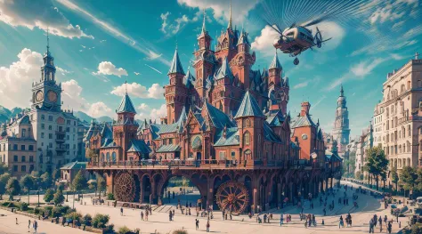 a long shot picture of a steampunk castle moving on (wheeled motorized platform:1.3) rolling hills, s steampunk castle with (tur...