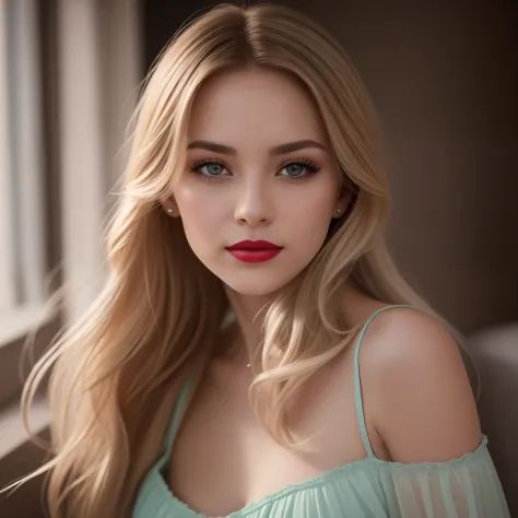 Une jeune et belle femme, blonde hair that gently falls in waves up to the shoulders, Taille moyenne, grands yeux verts, Peaux c...