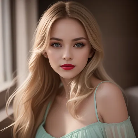 une jeune et belle femme, blonde hair that gently falls in waves up to the shoulders, taille moyenne, grands yeux verts, peaux c...