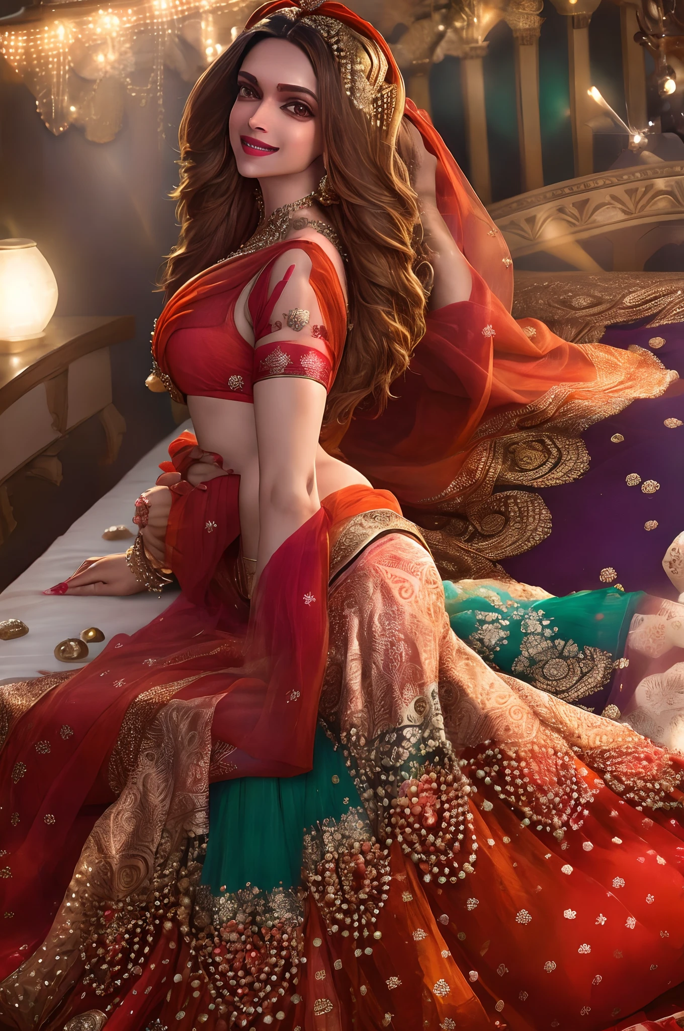 La actriz india Deepika Padukone con un sari vibrante acostado en la cama de manera seductora, sonriente