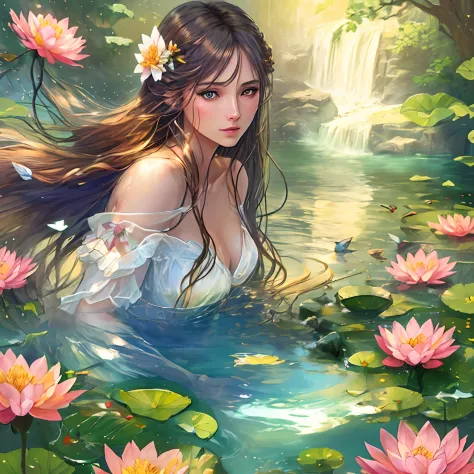 masterpiece, 1girl,, beautiful and delicate face, age:21, long hair, medium chest, hair flower, water on the skin, shyness, butt...