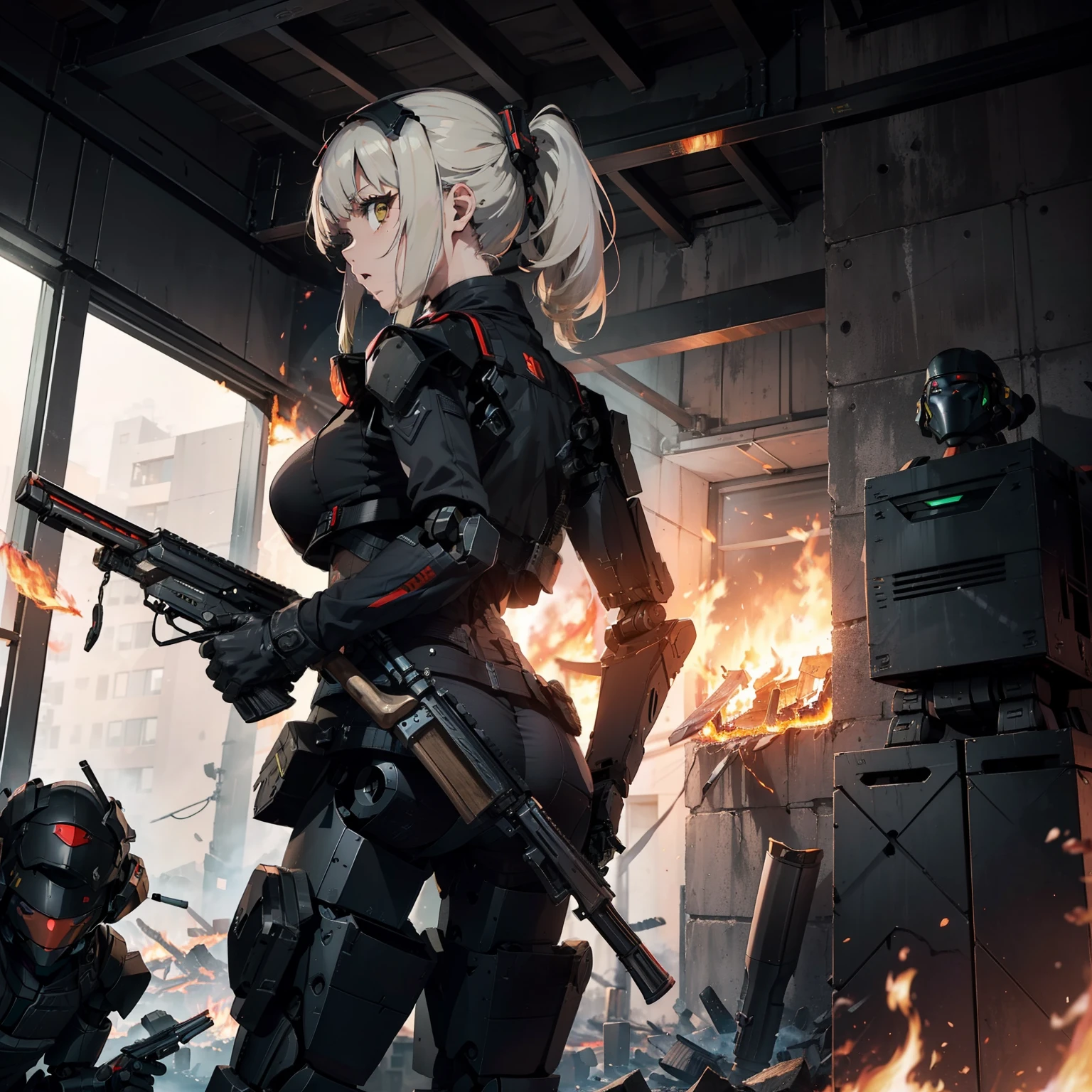 (Female soldier with strong body)、(((Fire a shotgun to destroy military robots:1.4)))、solo:1.4、(Black combat uniform)、(platinum-blonde-hair:1.2)、Have multiple weapons、Running through the rubble、((超A high resolution))、Detail Write、​masterpiece、top-quality、extremely details CG、8K picture quality、Cinematographic lighting、lensflare、(Night combat)、((From the inside of the building to the outside))、Hyper-detailing、The wreckage of military robots、cowboy  shot:1.4、From diagonally behind、From  above 、(hk416)、turned around