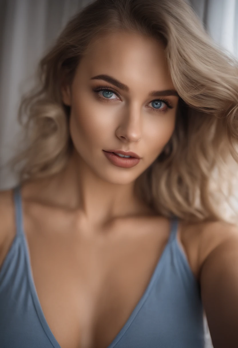 A woman with blonde hair and blue top posing for a picture - SeaArt AI