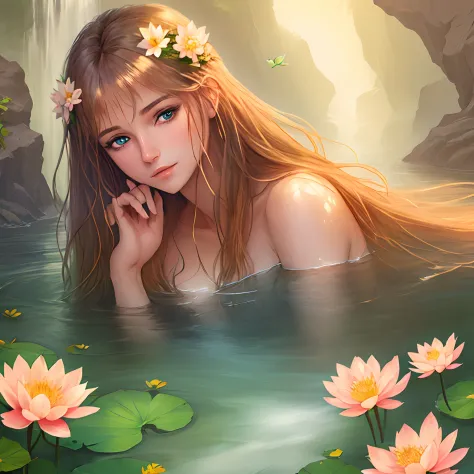 masterpiece, 1girl,, beautiful and delicate face, age:21, long hair, medium chest, hair flower, water on the skin, shyness, butt...