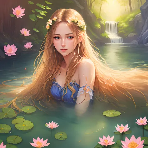 masterpiece, 1girl,, beautiful and delicate face, age:21, long hair, medium chest, hair flower, water on the skin, shyness, butt...