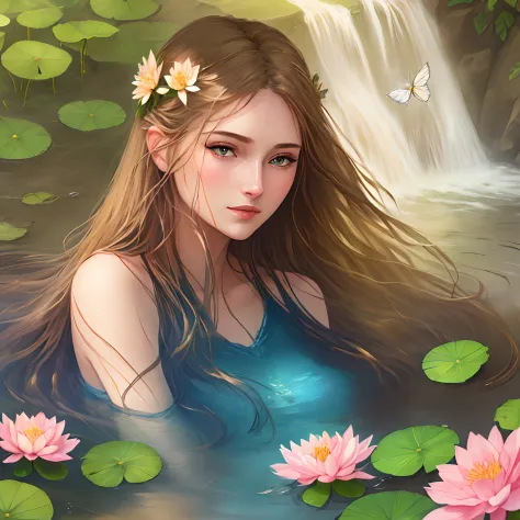 masterpiece, 1girl,, beautiful and delicate face, age:21, long hair, medium chest, hair flower, water on the skin, shyness, butt...