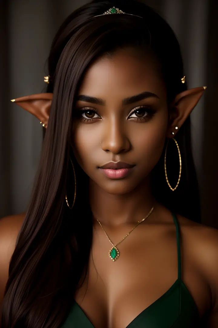 Masterpiece, high quality, (Deep brown skin tone), elf, fit, beautiful elf, sexy elf, female, portrait, piercings, virgin, black eyes, princess, Aesthetic