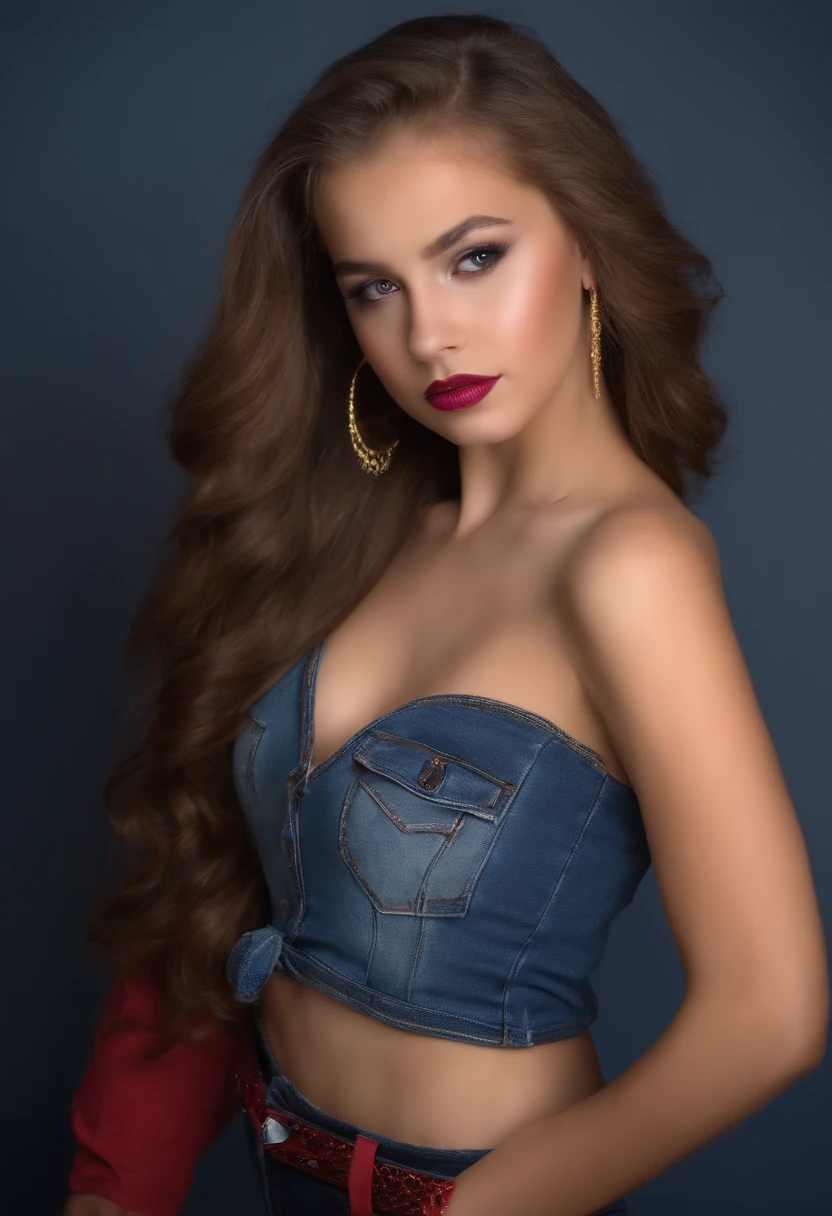 A woman with long hair wearing a denim top and red lipstick - SeaArt AI