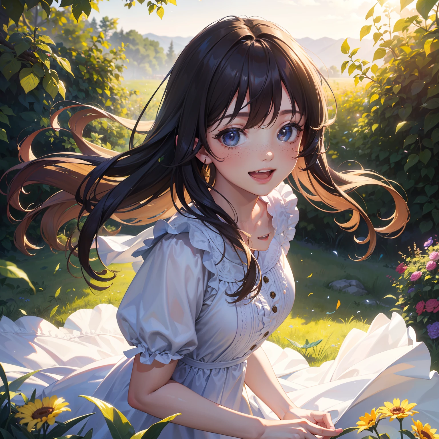 (best quality,4k,8k,highres,masterpiece:1.2),ultra-detailed,(realistic,photorealistic,photo-realistic:1.37),portraits,brown-haired girl,cute smile,summer,beautiful detailed eyes,
freckles,sunlit garden,playful,
colorful flowers,butterflies dancing around her,long fluttering eyelashes,happy expression,sunshine filtering through the leaves,soft breeze blowing her hair,a vibrant dress,filled with joy and happiness