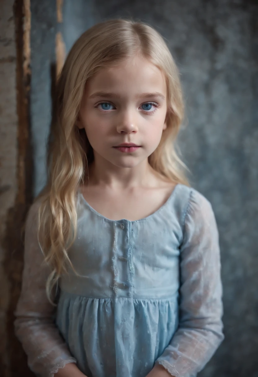 potrait photo of 8 years old  girl being isolated in the basement, naked, pretty face, white skin, blonde hair, blue eyes, full body