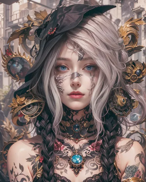Create a realistic and visually stunning portrait of Uta, a mysterious and enigmatic character from a dystopian world. Highlight Uta's unique features, including striking and unconventional facial tattoos, vibrant hair with a mix of captivating colors, and...