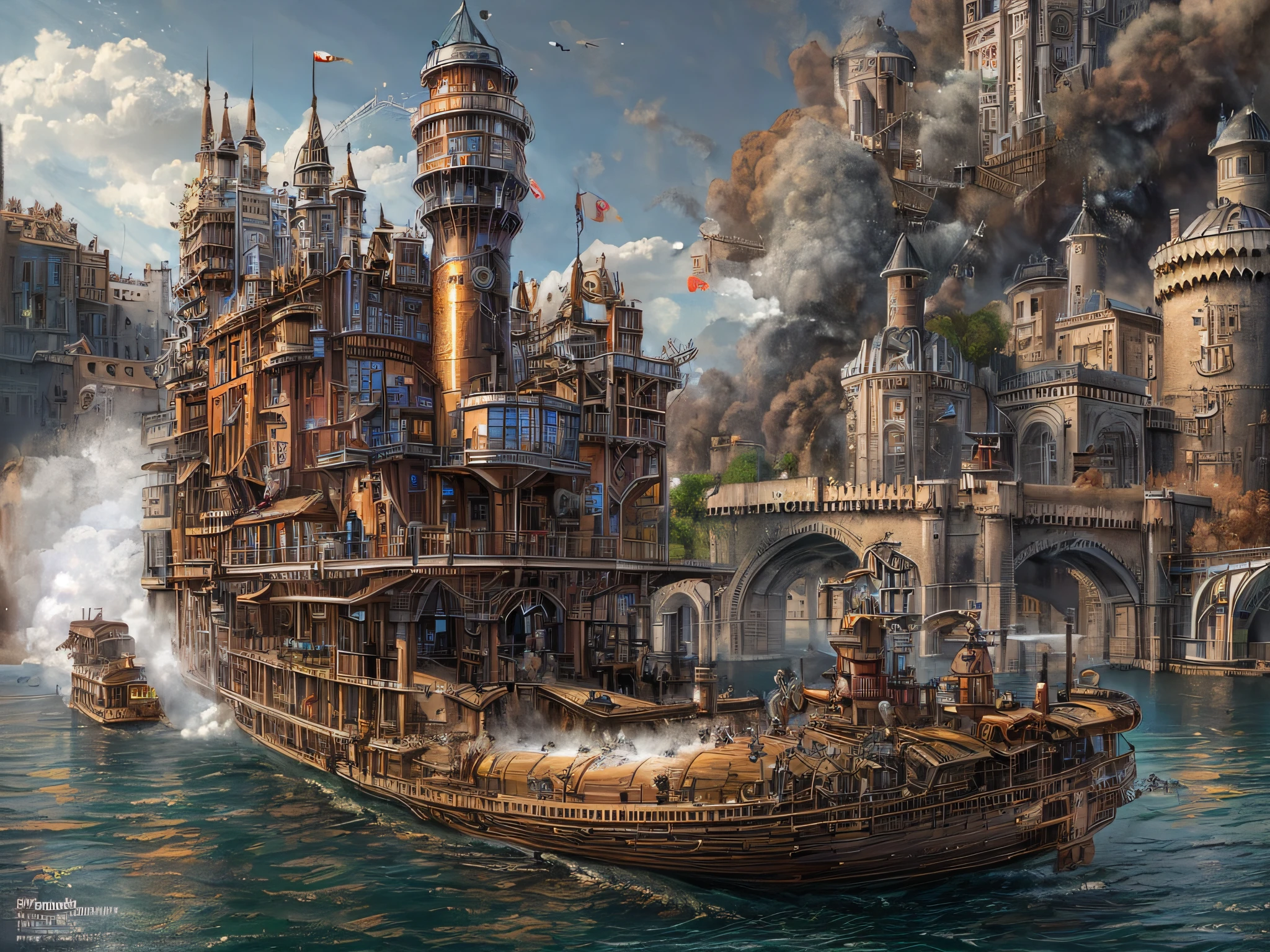 تسديدة بعيدة (صورة: 1.3) من قلعة Steampunk تتحرك (قارب بخاري بمحرك: 1.3) في النهر, قلعة Steampunk مع (الأبراج: 1.1), (أبراج:1.1), (bridges between أبراج:1.2), (بربيكان كبير:1.1), شرائع على الجدران, خلفية ريسر واسعة, قارب بخاري بمحرك,  منصة, (castle on the منصة:1.3) قارب بخاري ملحمي ضخم يحمل القلعة, واقعية, 16 ك, خام, الحائز على جائزة, (أفضل تفصيلا: 1.5), تحفة, أفضل جودة, (مفصلة للغاية), جسم كامل, لقطة واسعة جدًا,